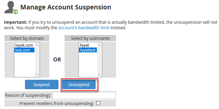 cpanel unSuspension